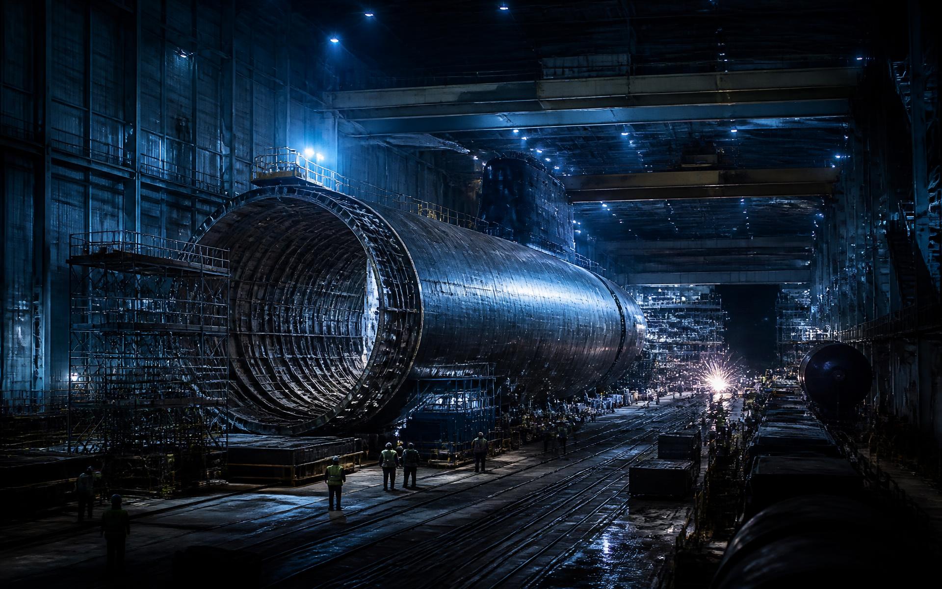Submarine pressure hull under construction in a naval defence build hall at night